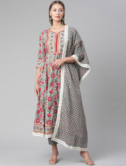 Green Anarkali Kurta With Trousers & Dupatta For Women