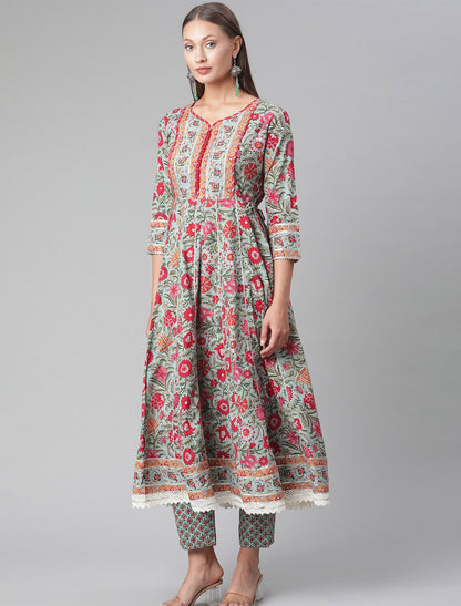 Green Anarkali Kurta With Trousers & Dupatta For Women