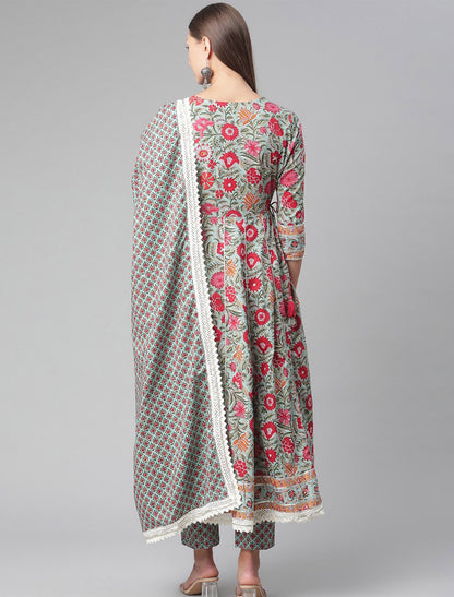 Green Anarkali Kurta With Trousers & Dupatta For Women