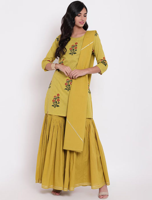 Yellow Floral Printed Kurti With Sharara & With Dupatta For Women