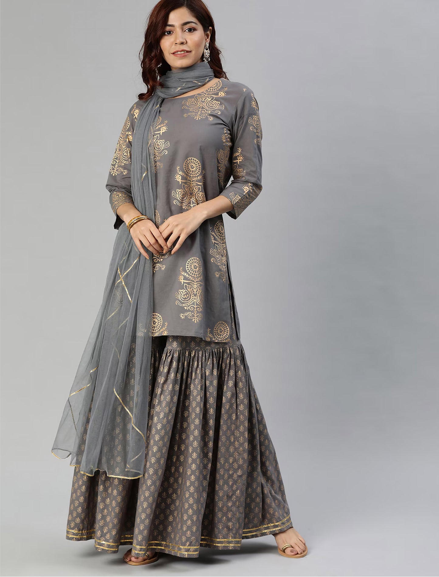 Grey & Gold-Coloured Foil Kurta with Sharara & Dupatta For Women