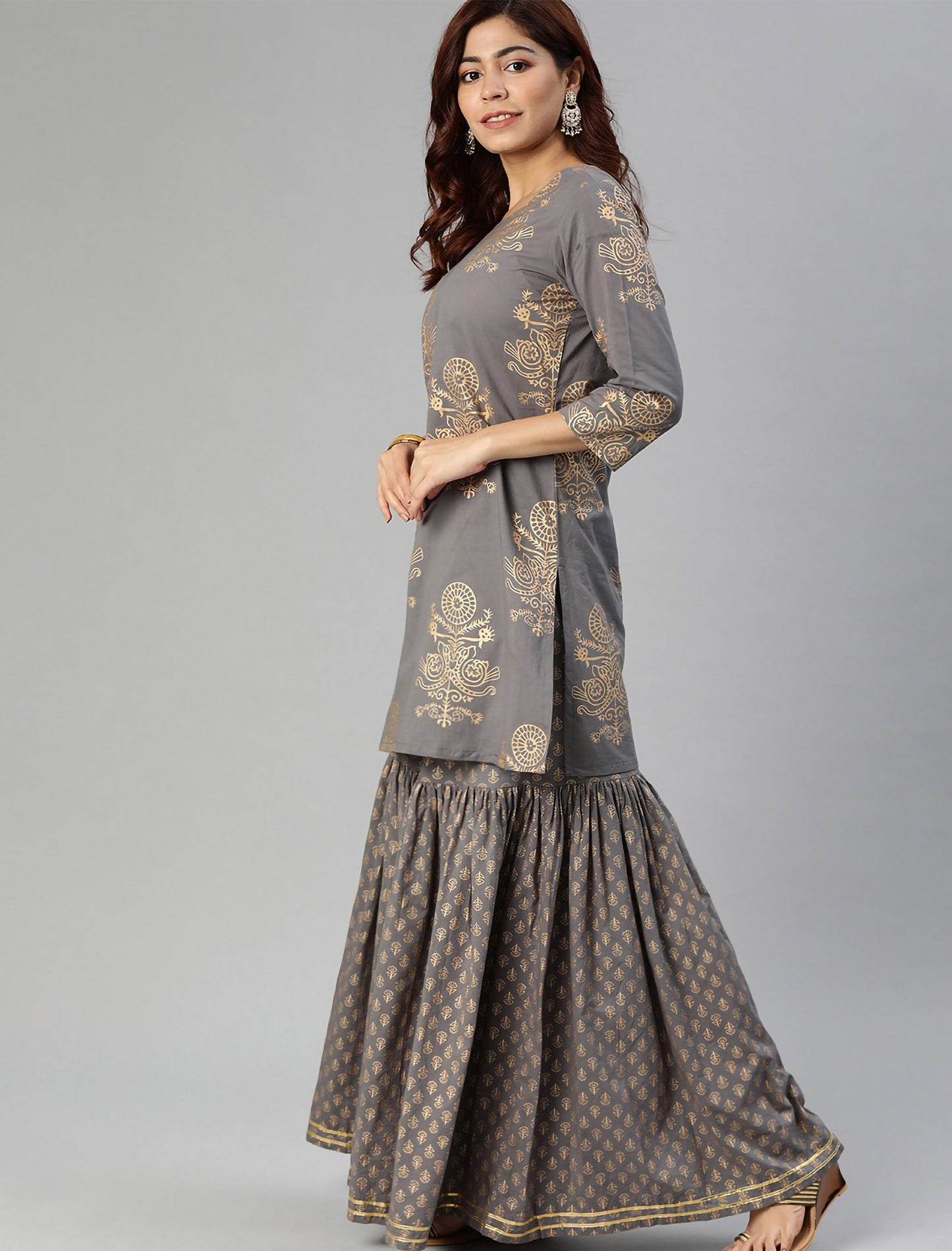 Grey & Gold-Coloured Foil Kurta with Sharara & Dupatta For Women