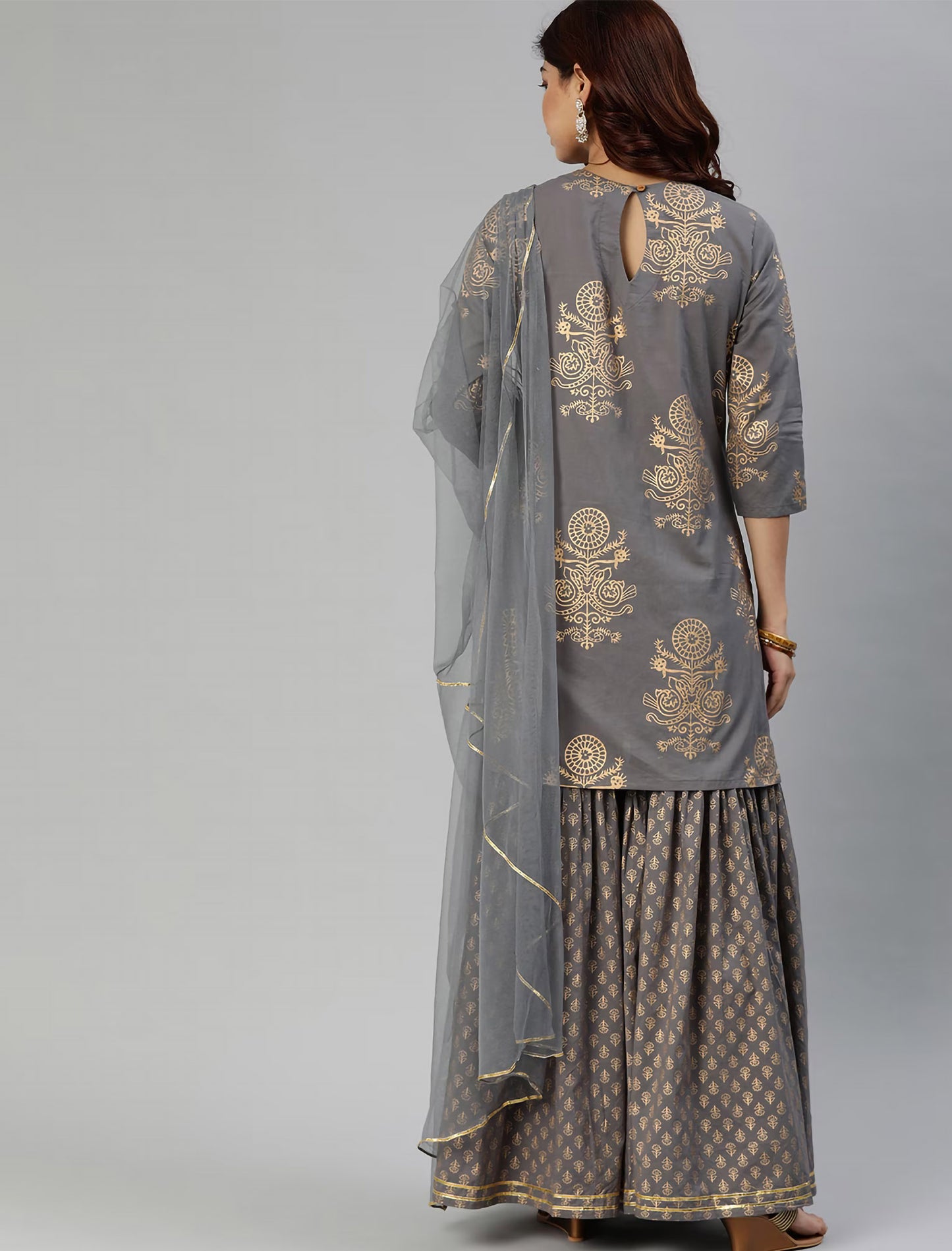 Grey & Gold-Coloured Foil Kurta with Sharara & Dupatta For Women