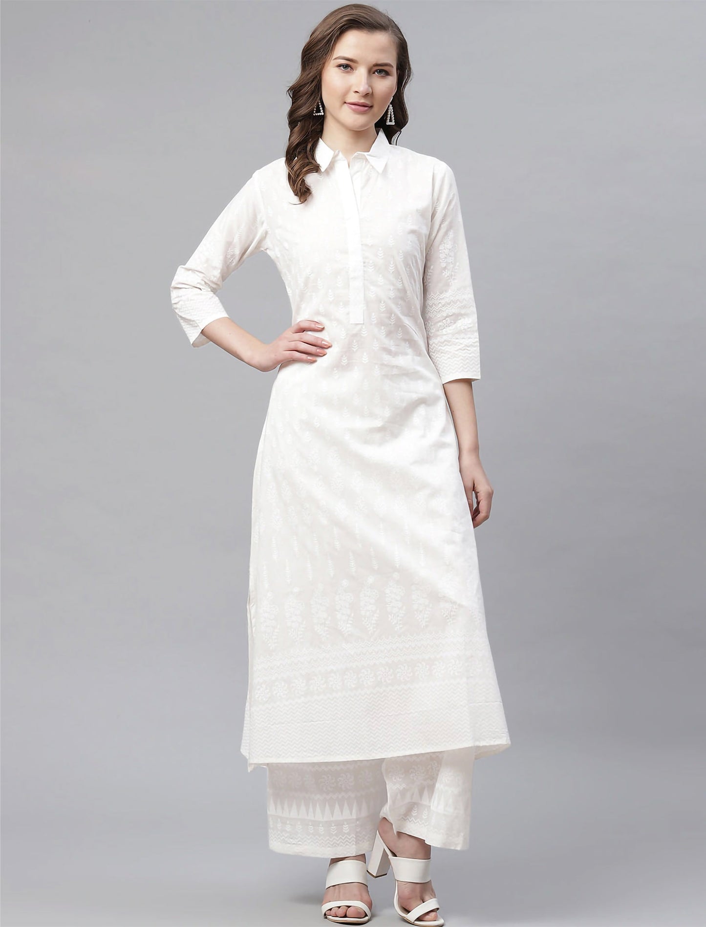 White Printed Shirt Kurta with Palazzos For Women