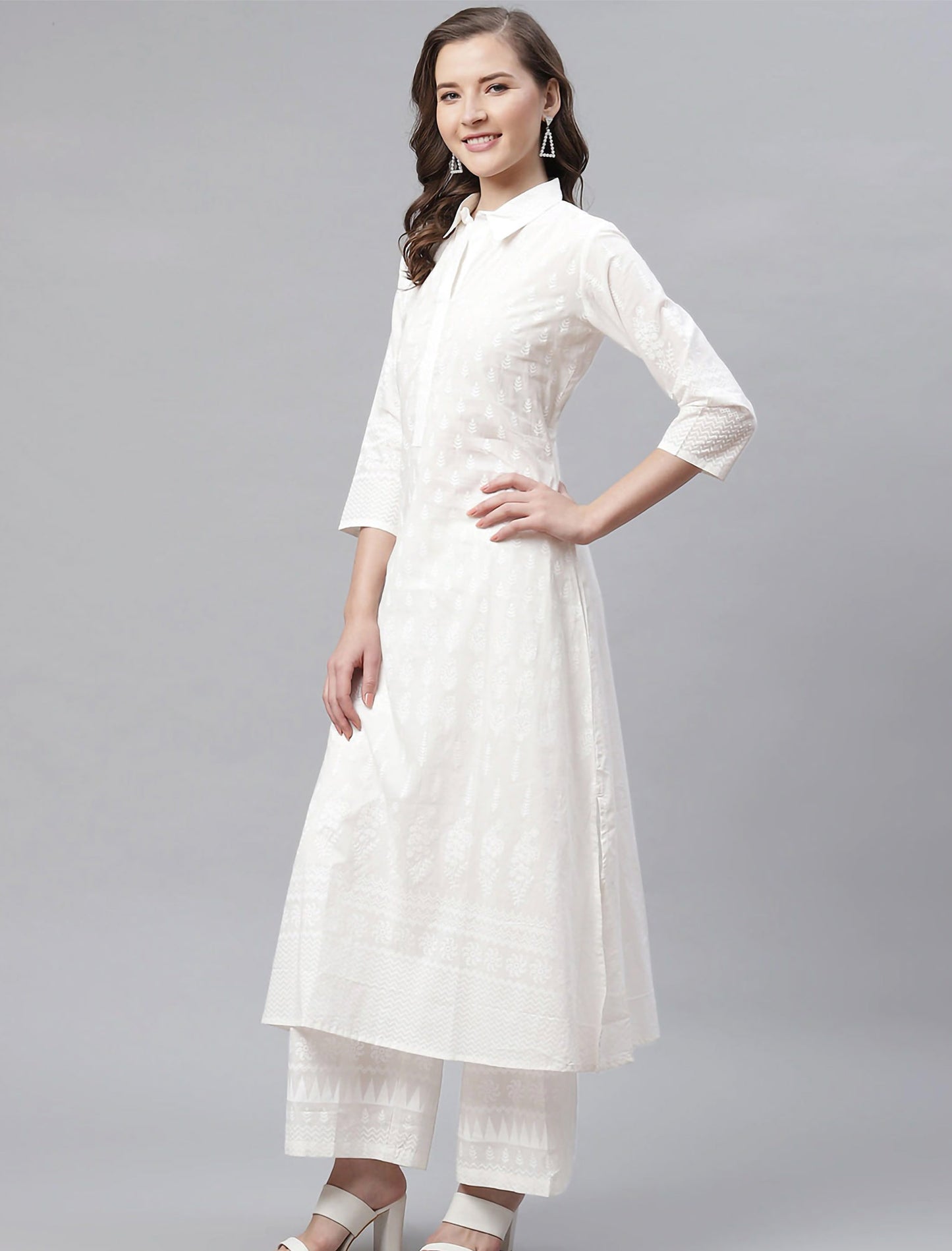 White Printed Shirt Kurta with Palazzos For Women