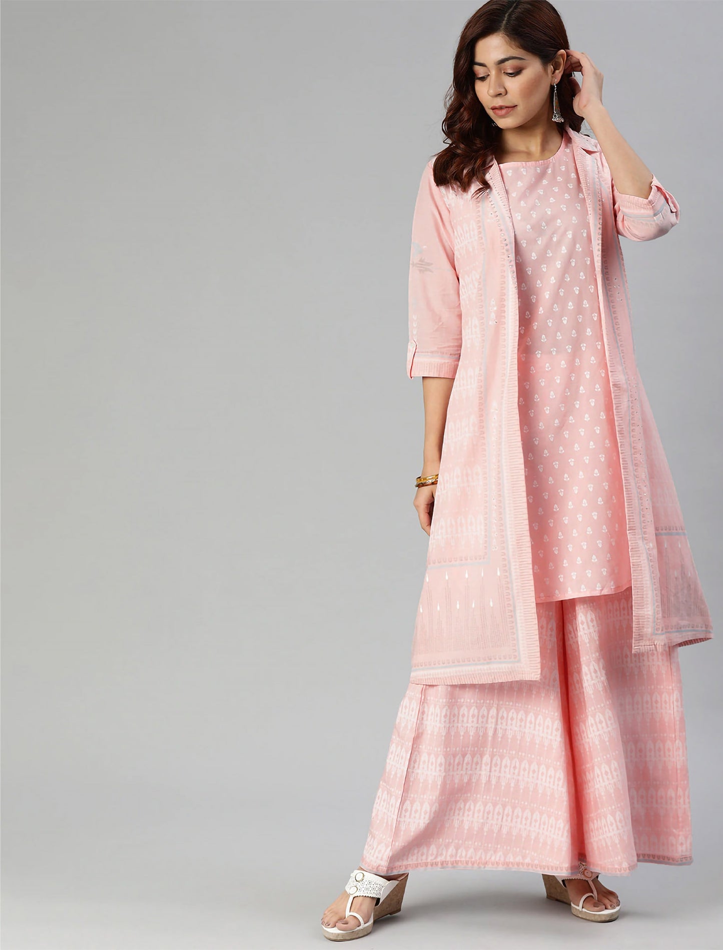 Pink & White Printed Kurta with Palazzos & Jacket For Women