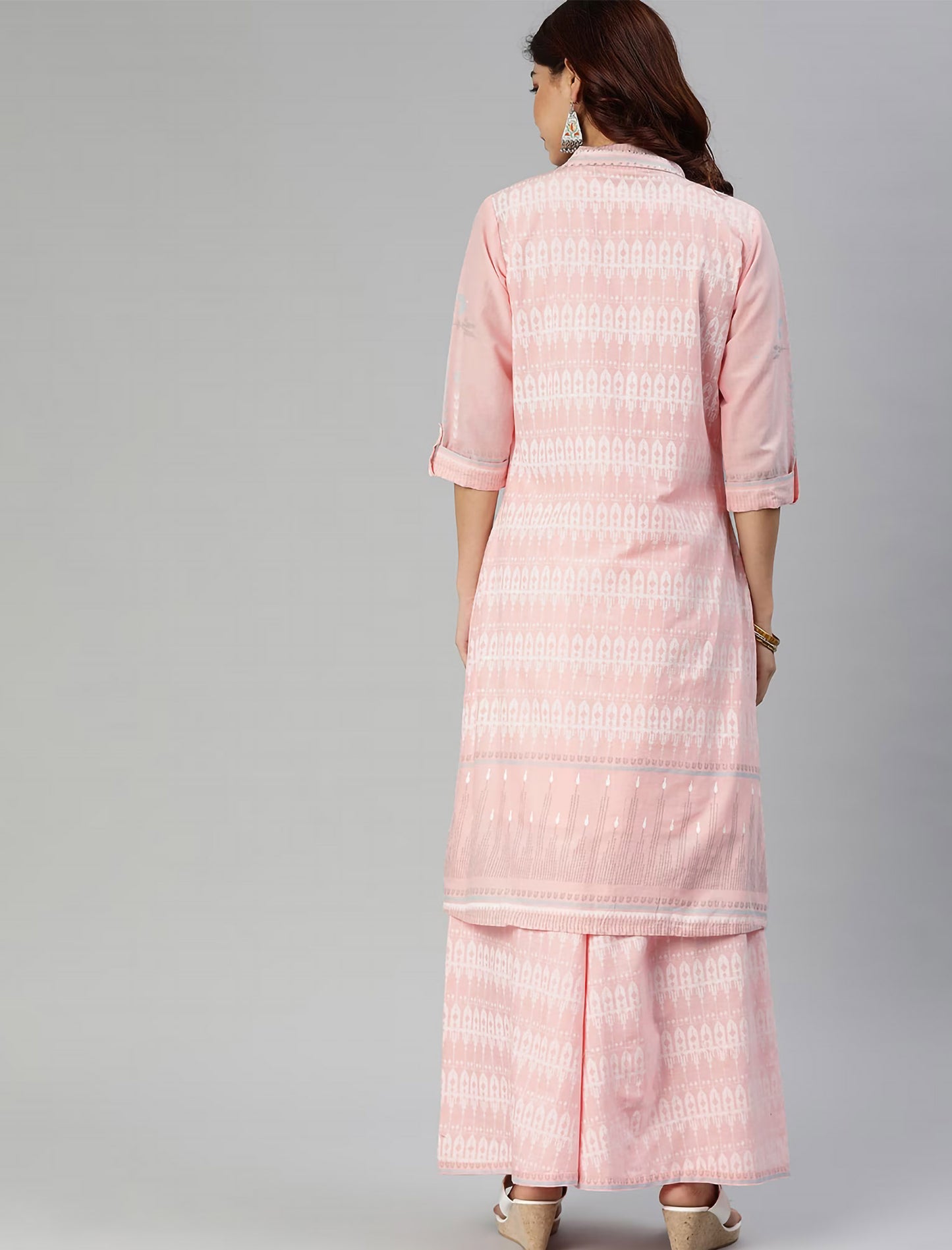 Pink & White Printed Kurta with Palazzos & Jacket For Women