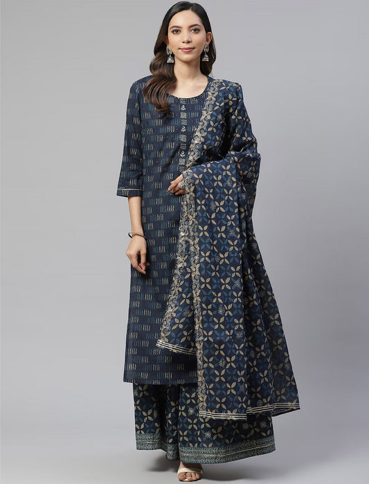 Navy Blue & Beige Printed Kurta with Palazzos & Dupatta For Women