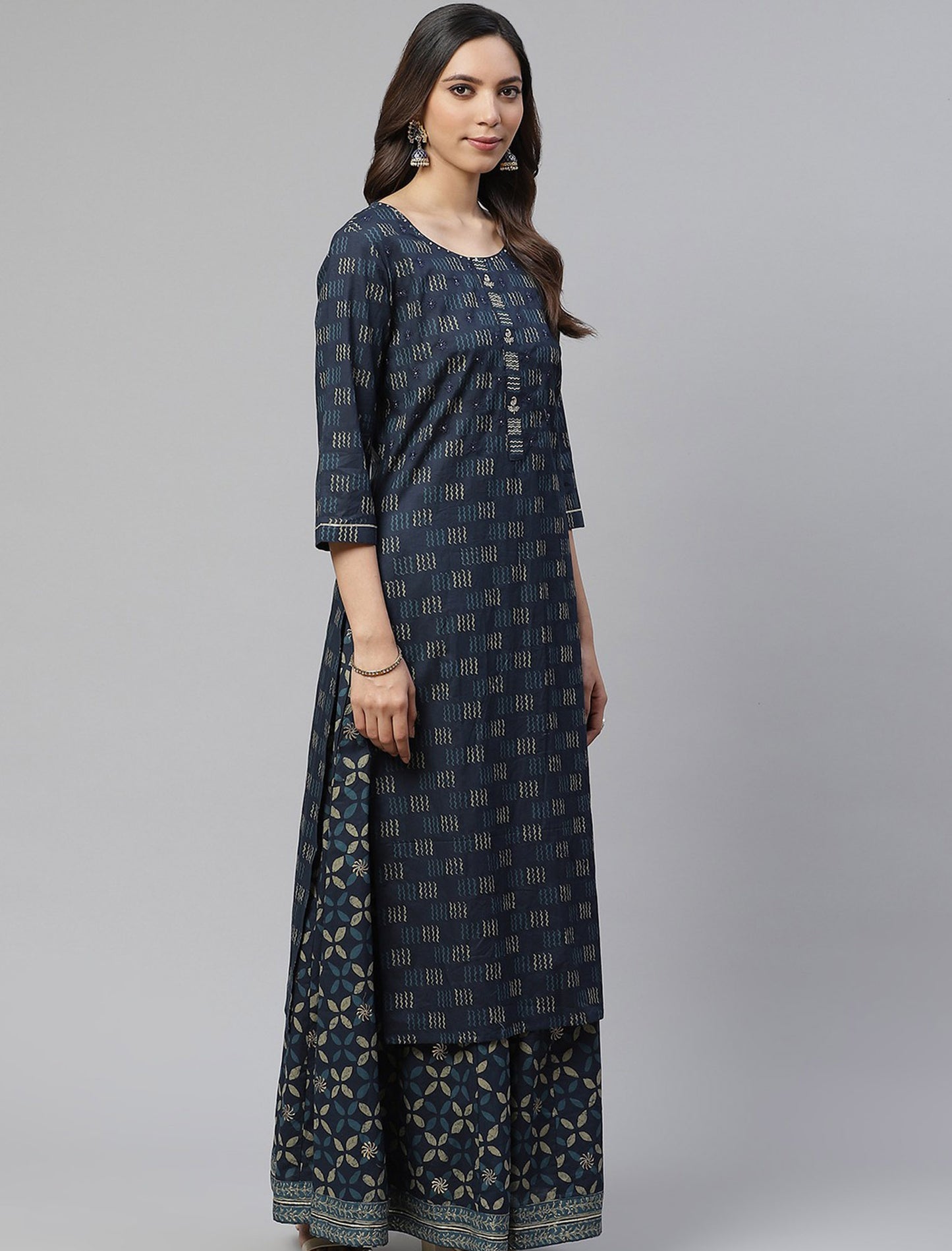 Navy Blue & Beige Printed Kurta with Palazzos & Dupatta For Women