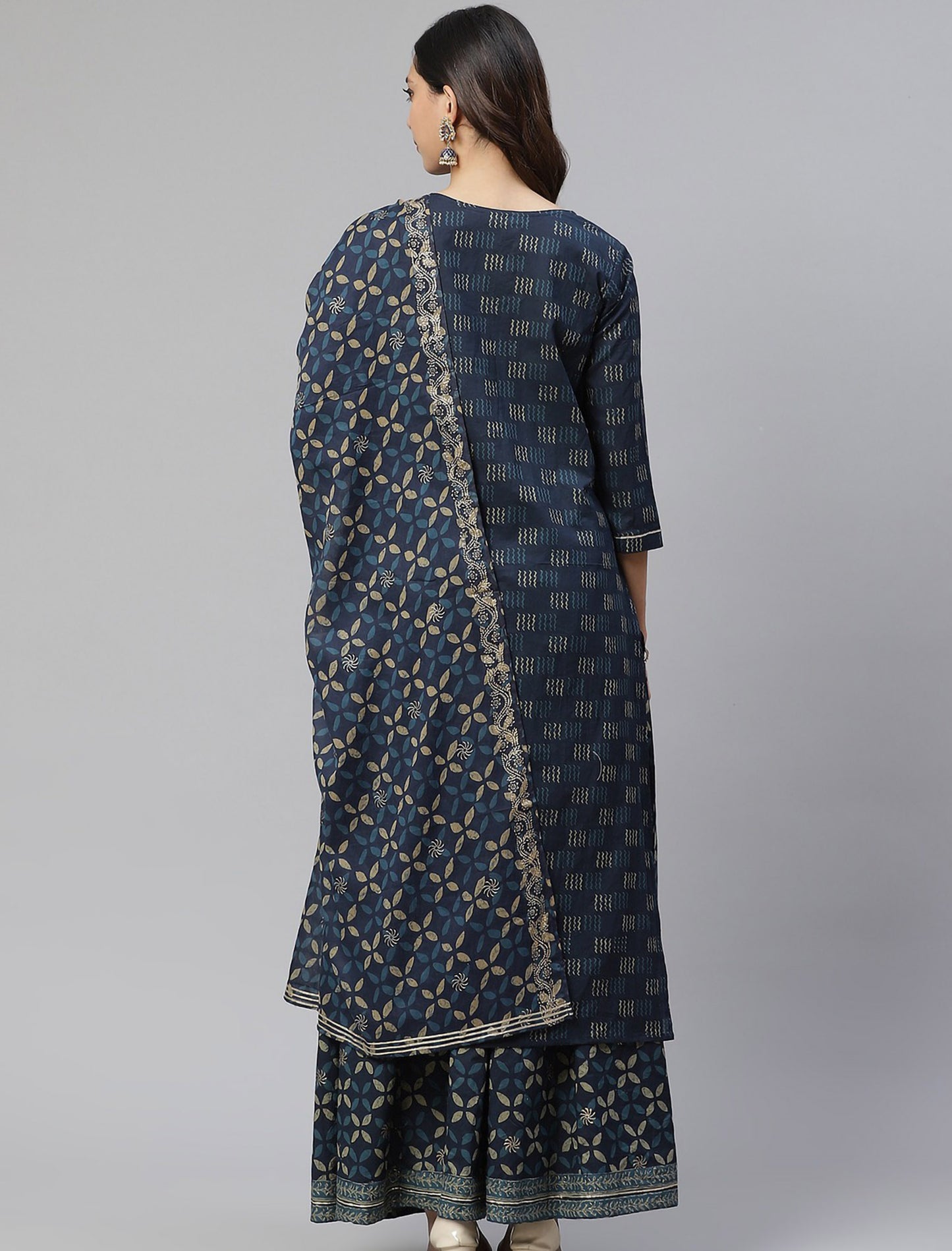 Navy Blue & Beige Printed Kurta with Palazzos & Dupatta For Women