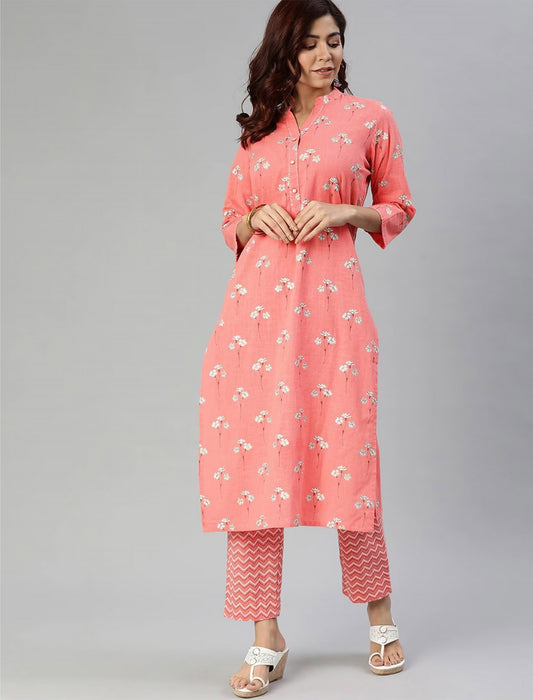 Pink Embroidered printed Kurta with Trousers For Women