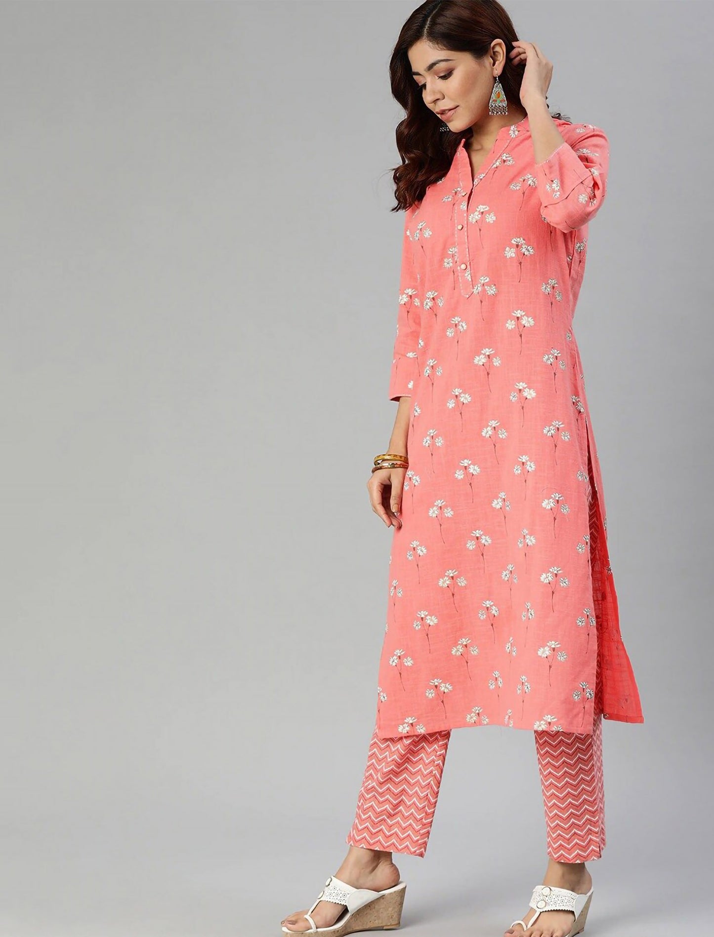 Pink Embroidered printed Kurta with Trousers For Women