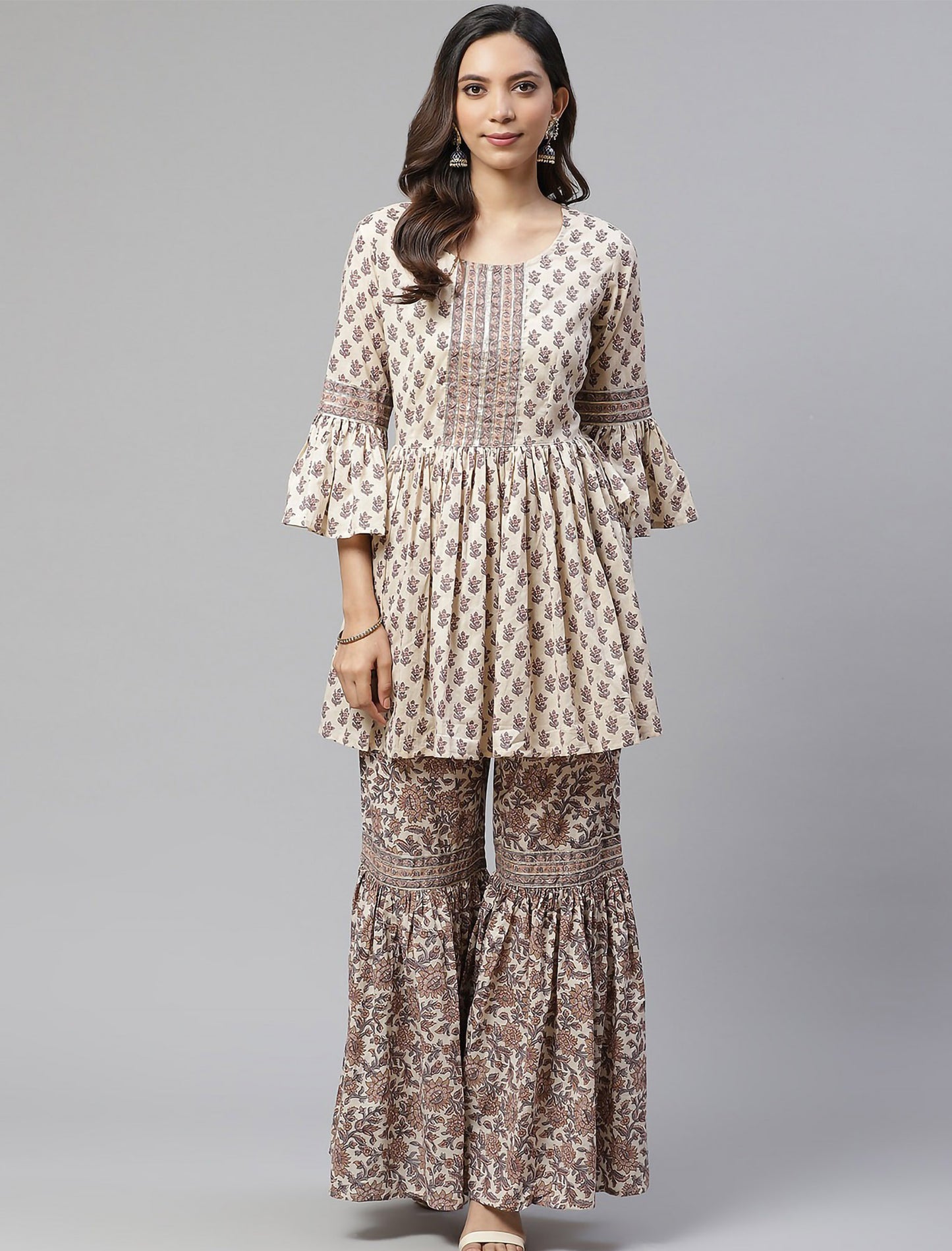 Cream Floral Printed Cotton Kurti with Sharara For Women