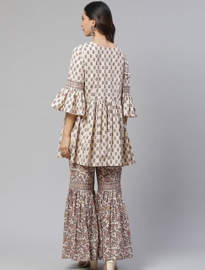 Cream Floral Printed Cotton Kurti with Sharara For Women