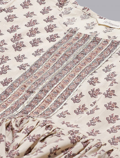 Cream Floral Printed Cotton Kurti with Sharara For Women