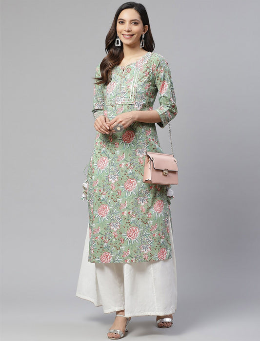 Green Gotta Patti Pure Cotton Kurta with Palazzos For Women