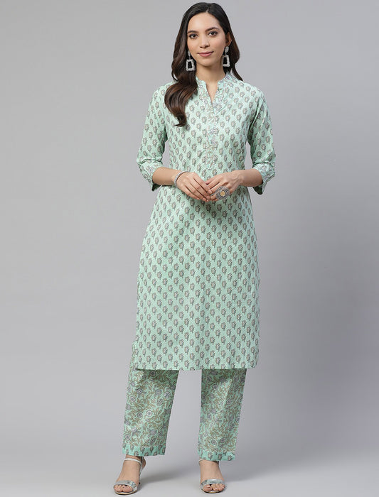 Sea Green Ethnic Motifs Cotton Kurta with Trousers For Women