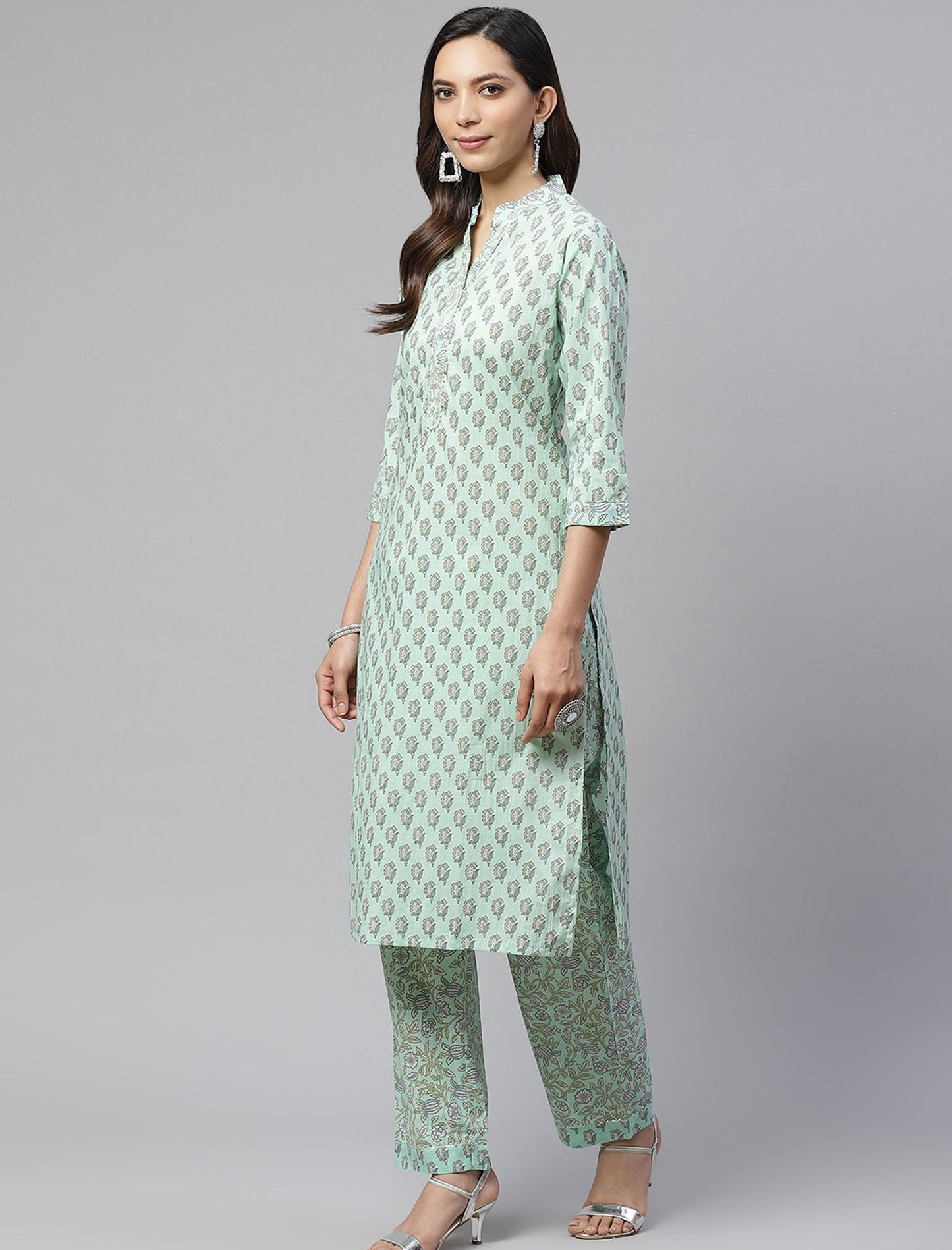 Sea Green Ethnic Motifs Cotton Kurta with Trousers For Women