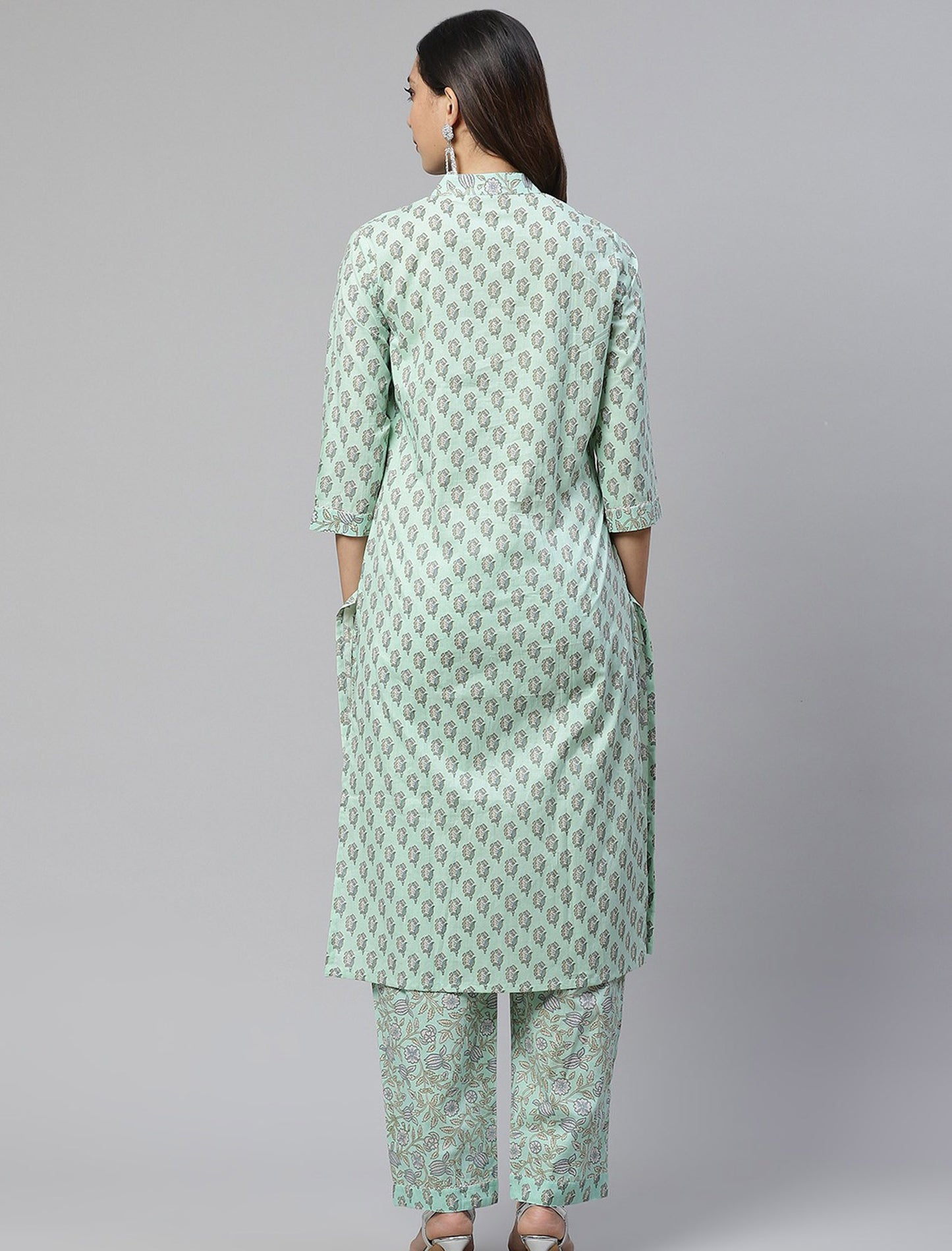 Sea Green Ethnic Motifs Cotton Kurta with Trousers For Women