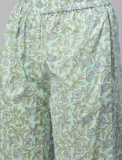 Sea Green Ethnic Motifs Cotton Kurta with Trousers For Women