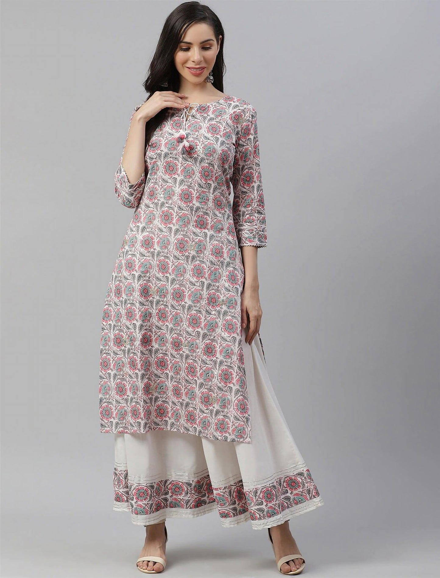 Off White Floral Printed Kurta with Palazzos For Women