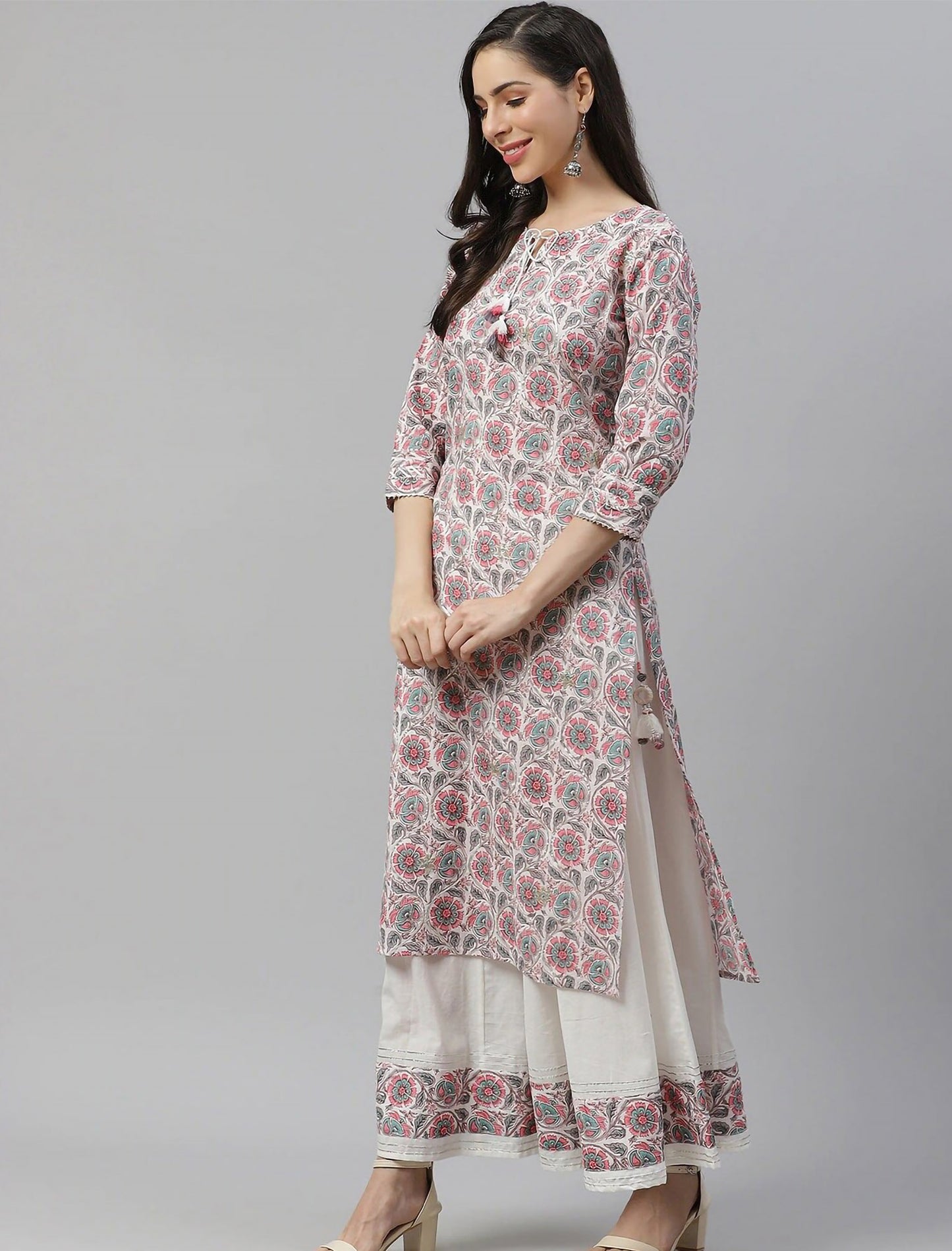 Off White Floral Printed Kurta with Palazzos For Women