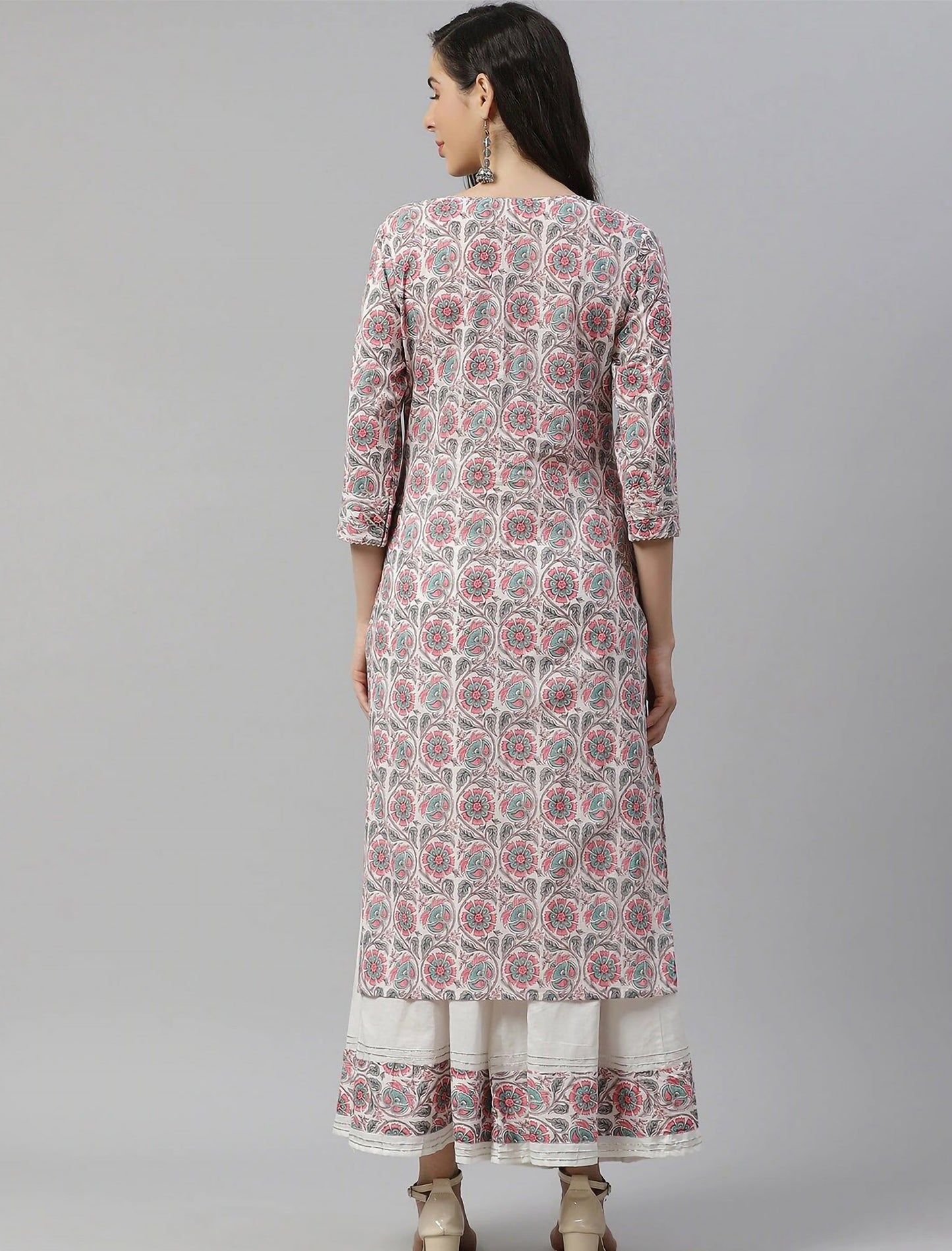 Off White Floral Printed Kurta with Palazzos For Women