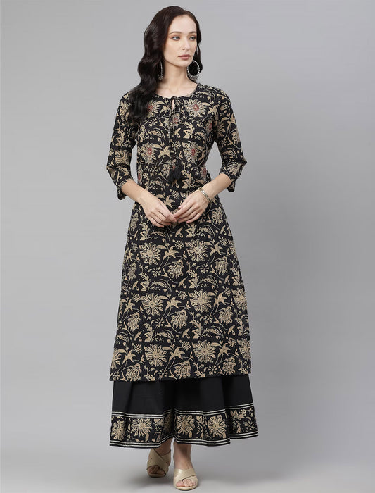 Black & Beige Printed Kurta With Palazzos For Women