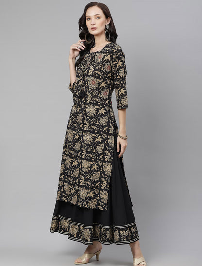 Black & Beige Printed Kurta With Palazzos For Women