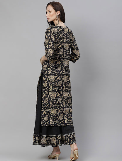 Black & Beige Printed Kurta With Palazzos For Women
