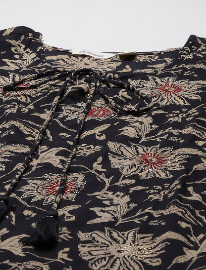 Black & Beige Printed Kurta With Palazzos For Women