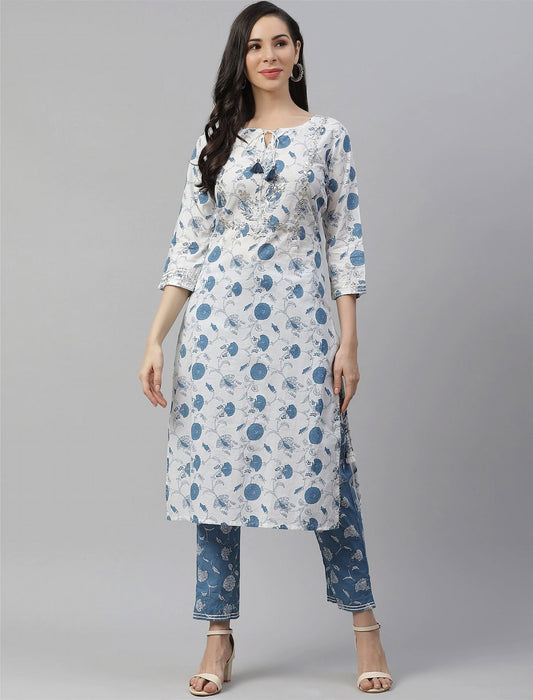 White Floral Printed Kurta with Trousers For Women