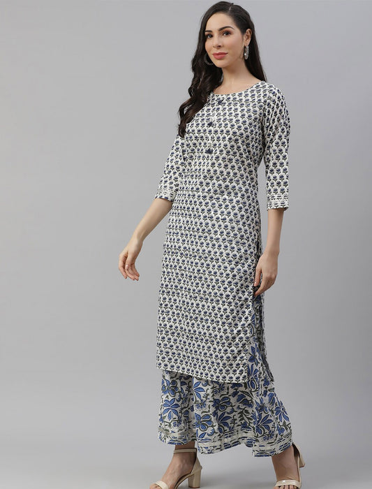 White Floral Printed Kurta With Palazzos For Women