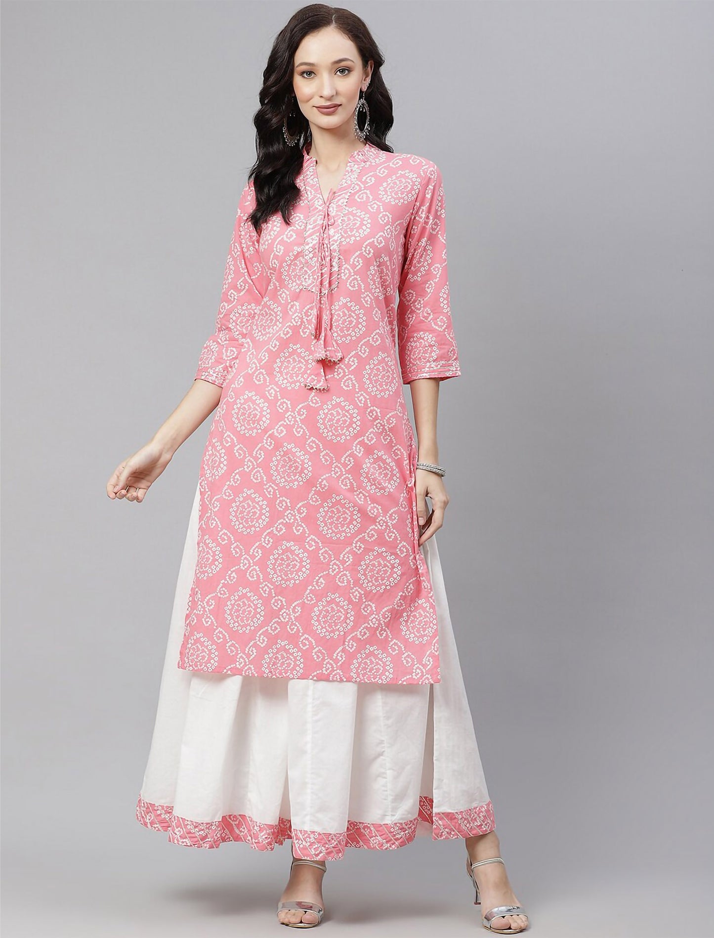 Pink Bandhani Printed Kurta with Palazzos For Women