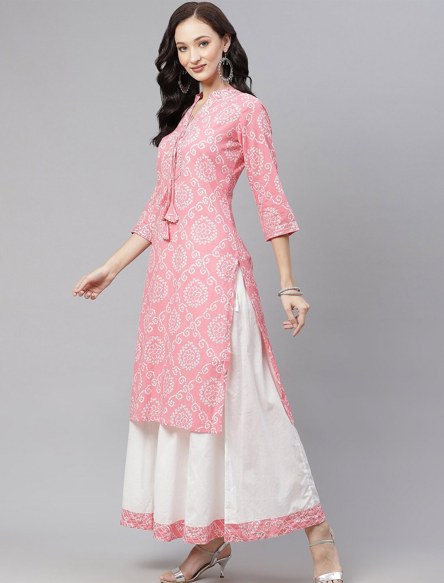 Pink Bandhani Printed Kurta with Palazzos For Women