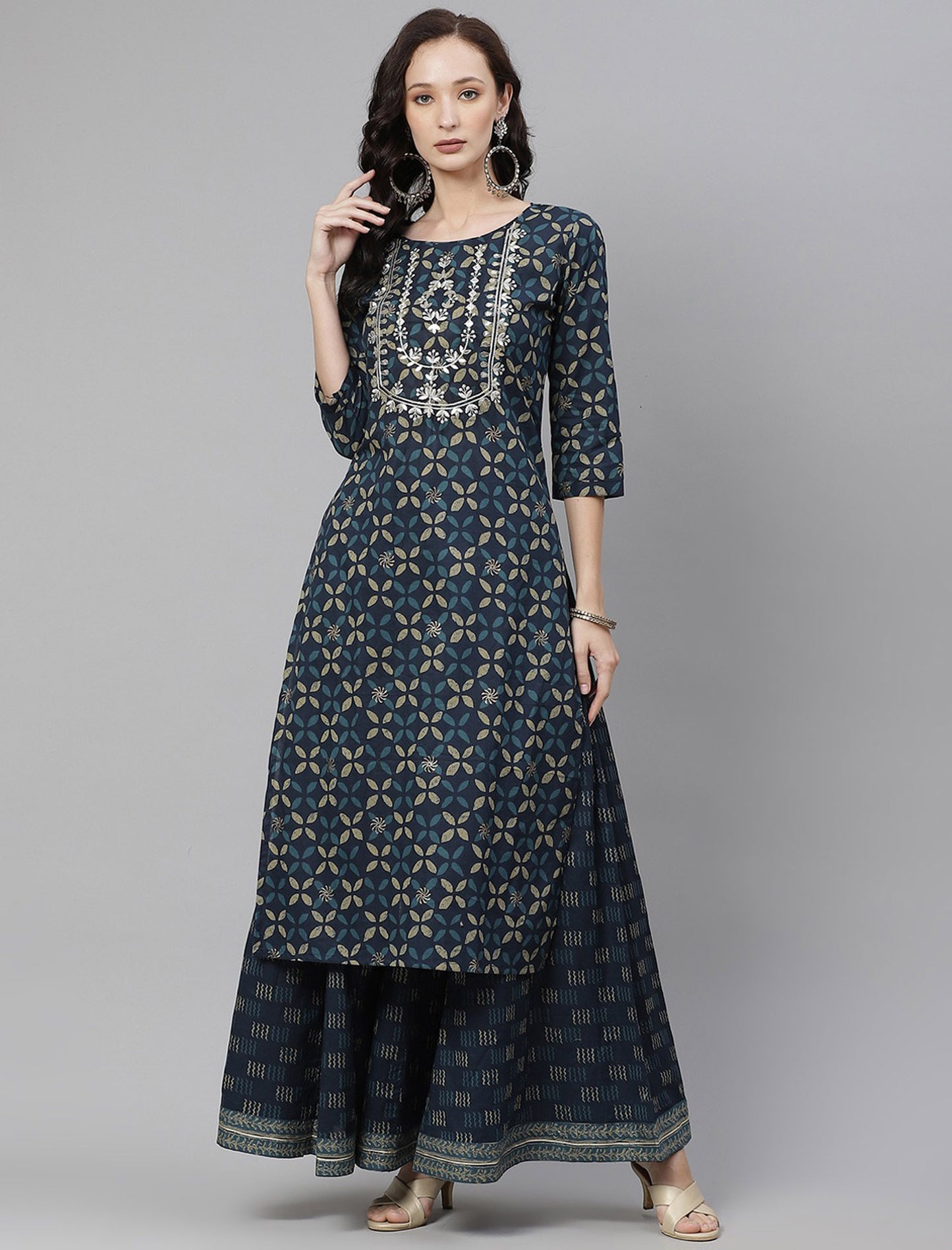 Navy Blue Floral Printed Kurta with Palazzos For Women