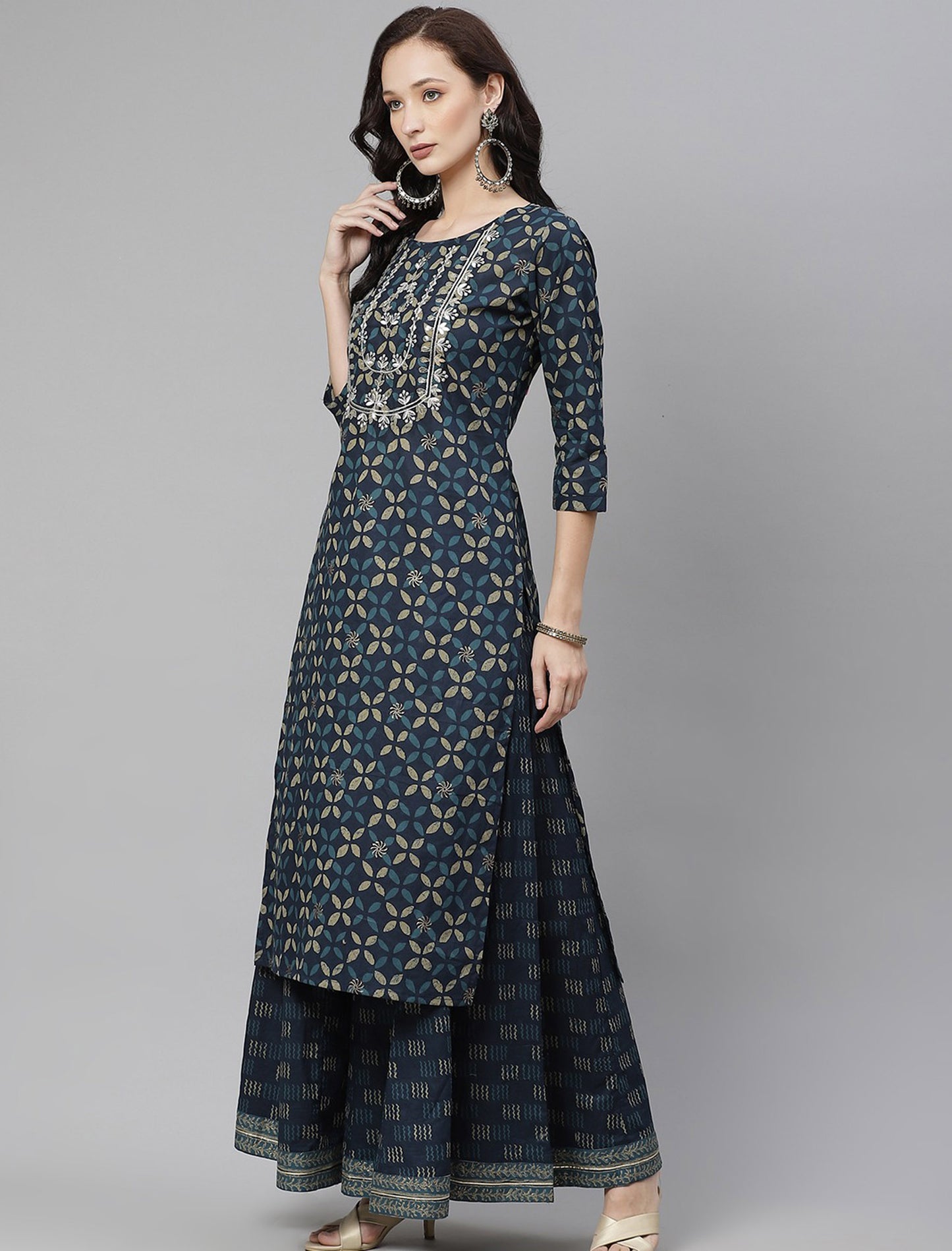 Navy Blue Floral Printed Kurta with Palazzos For Women