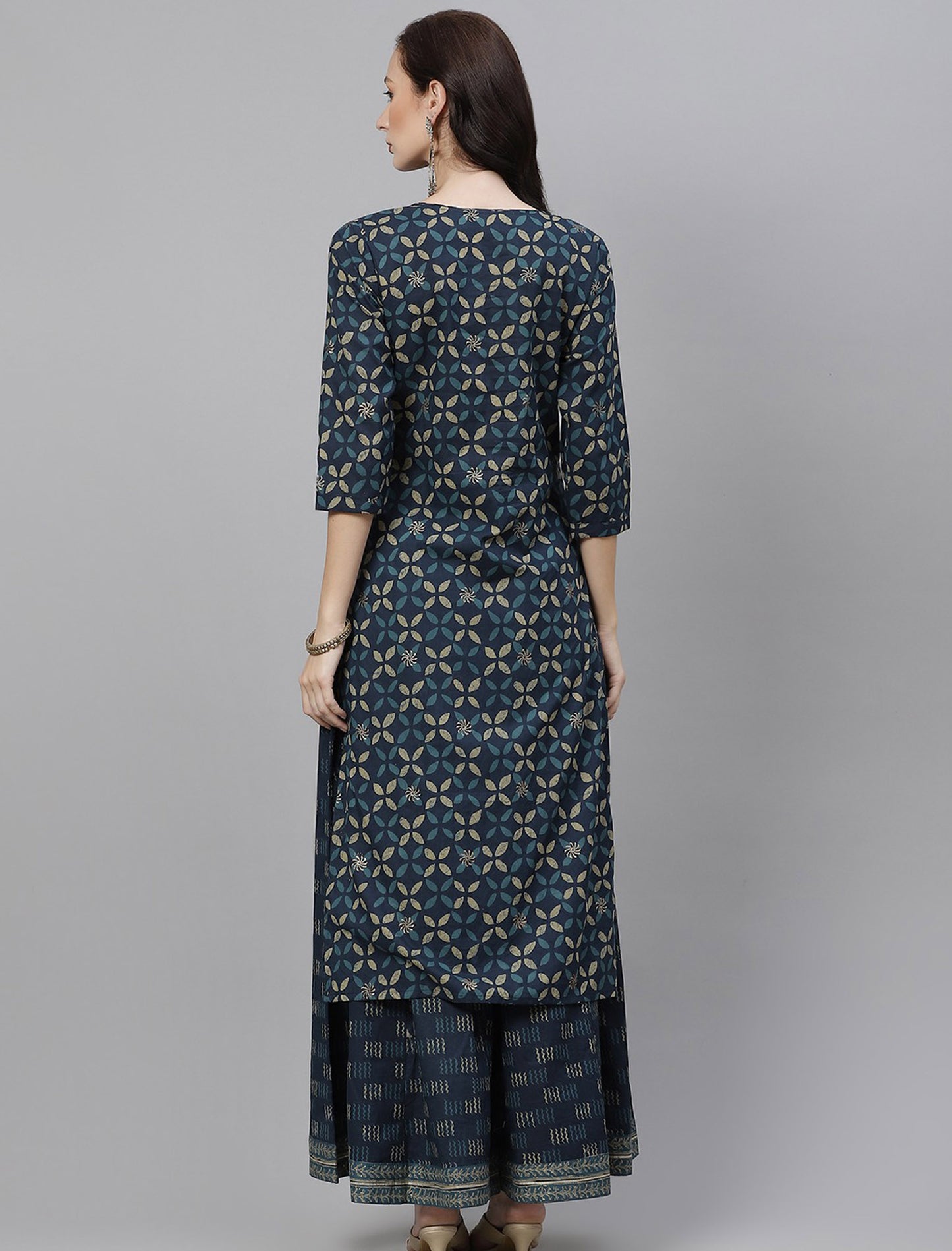 Navy Blue Floral Printed Kurta with Palazzos For Women