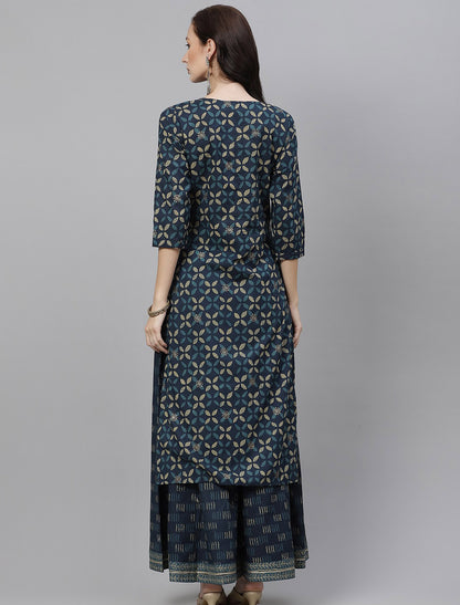 Navy Blue Floral Printed Kurta with Palazzos For Women
