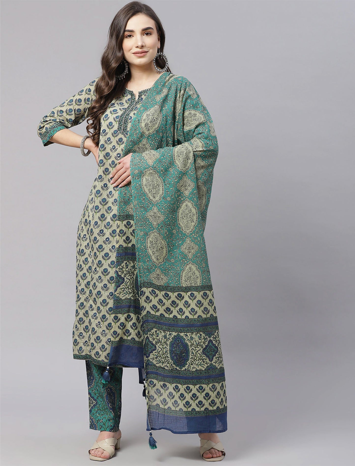 Green Floral Ethnic Printed Kurta Set With Dupatta For Women