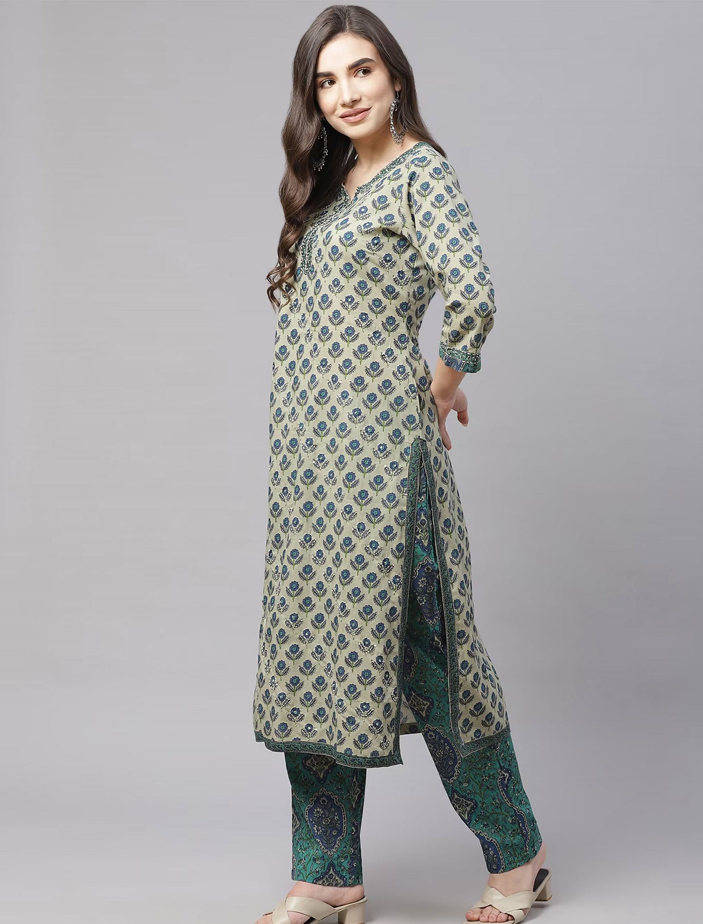 Green Floral Ethnic Printed Kurta Set With Dupatta For Women