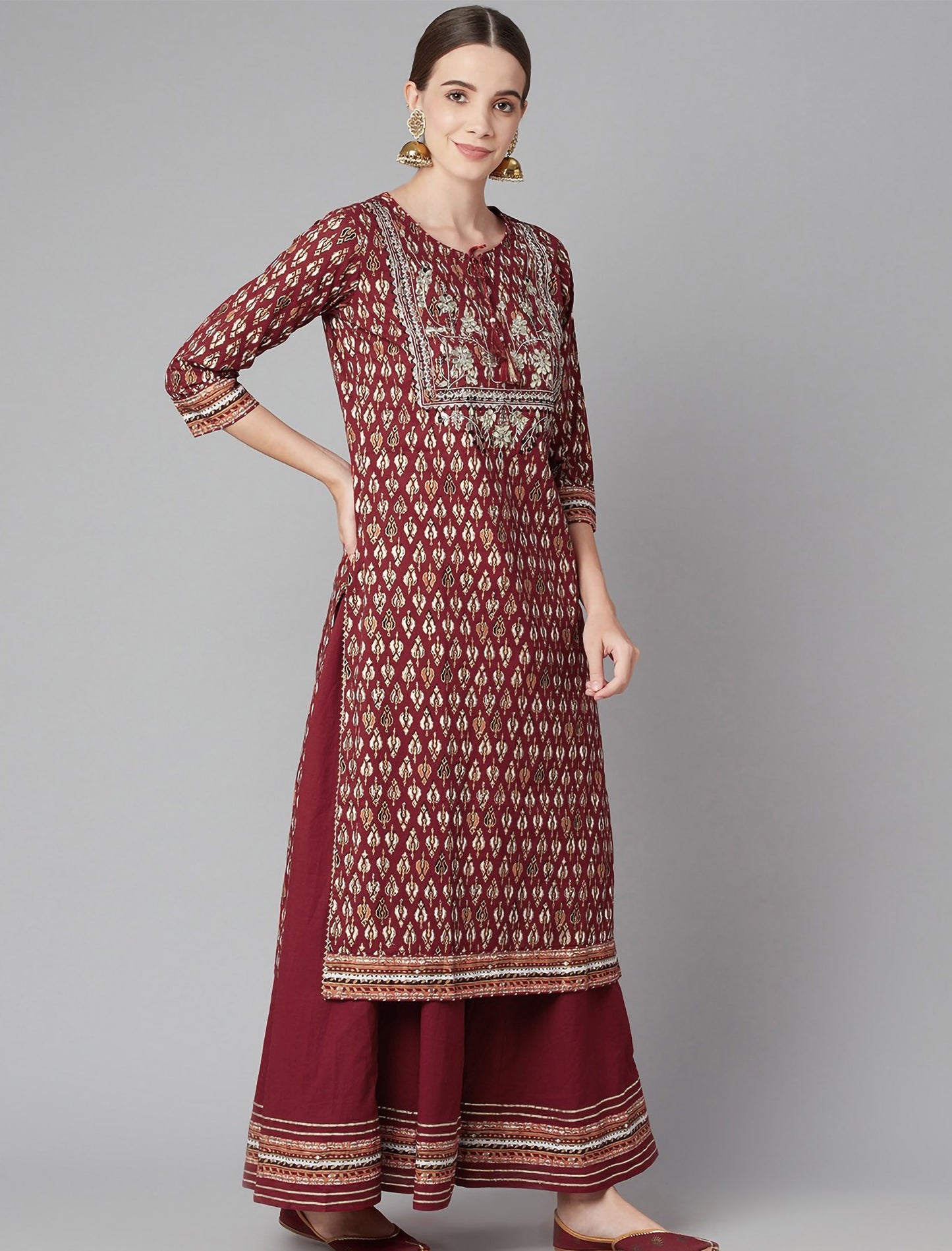 Maroon Floral Printed Kurta With Palazzos & With Dupatta For Women