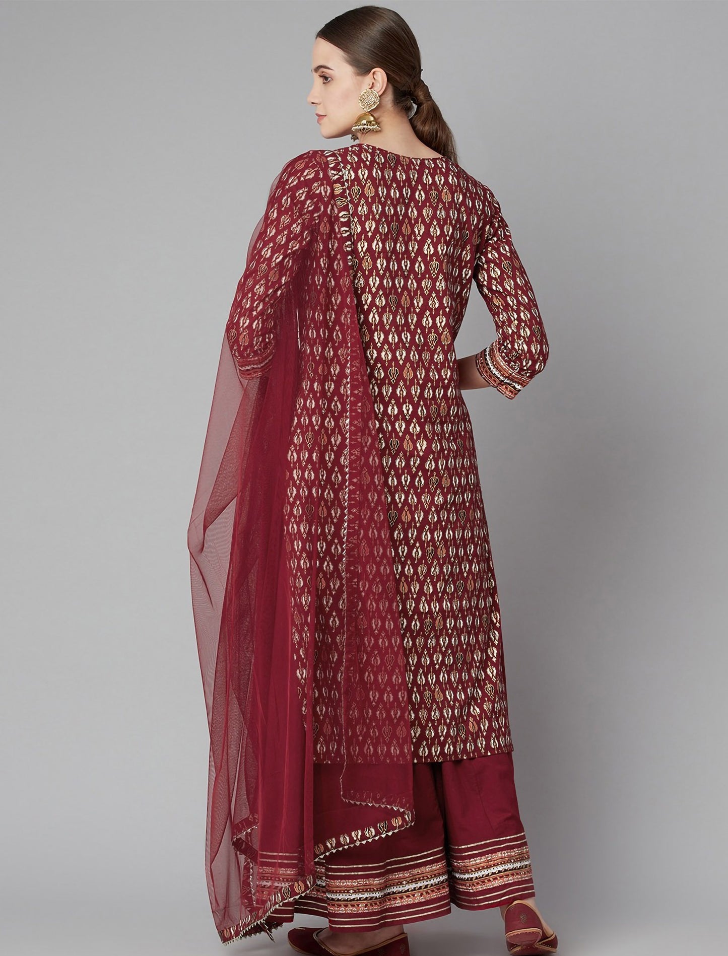 Maroon Floral Printed Kurta With Palazzos & With Dupatta For Women