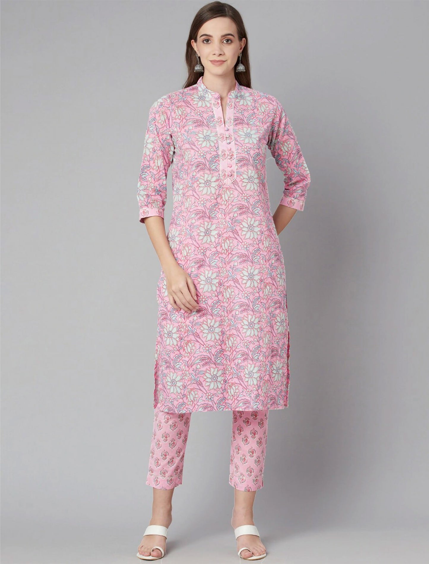 Pink Floral Printed Kurta with Trousers For Women