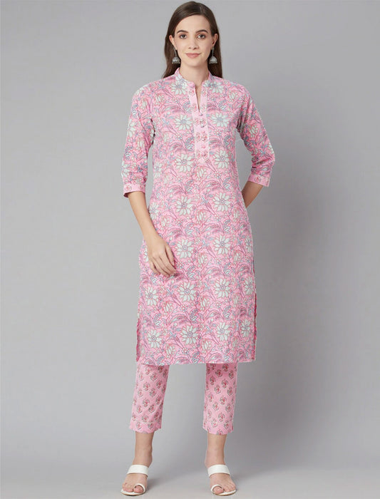 Pink Floral Printed Kurta with Trousers For Women