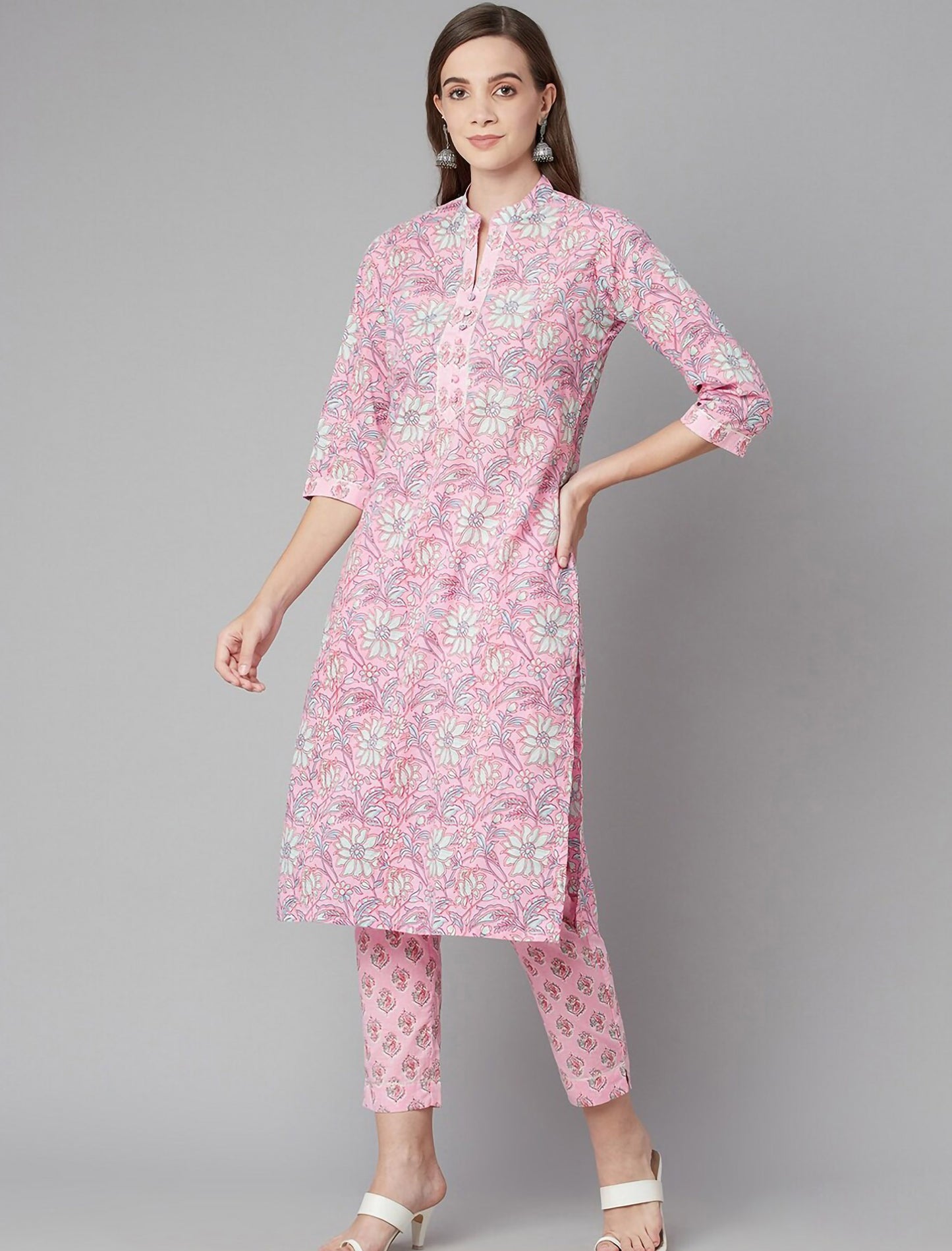 Pink Floral Printed Kurta with Trousers For Women