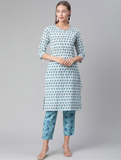 White & Blue Floral Printed Kurta with Trousers For Women