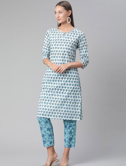White & Blue Floral Printed Kurta with Trousers For Women