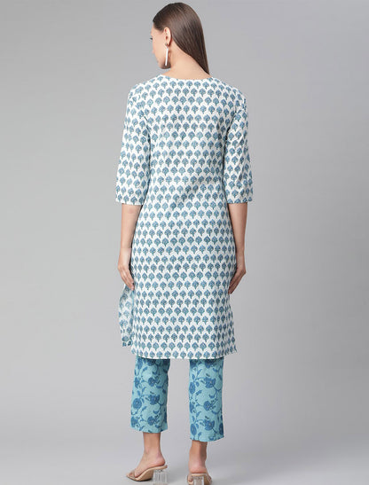 White & Blue Floral Printed Kurta with Trousers For Women