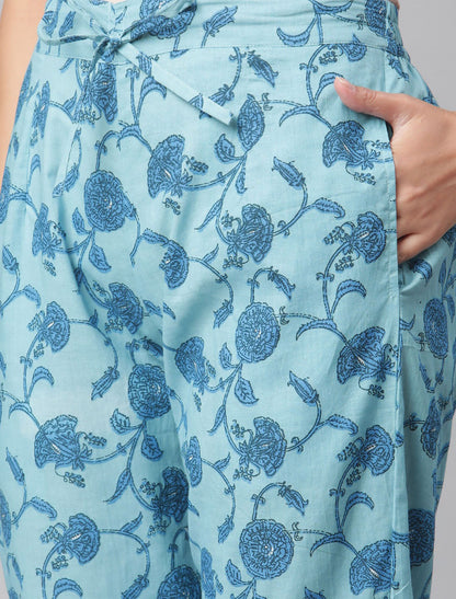 White & Blue Floral Printed Kurta with Trousers For Women